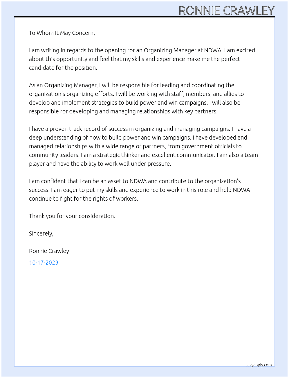 Organizing Manager At NDWA Cover Letter