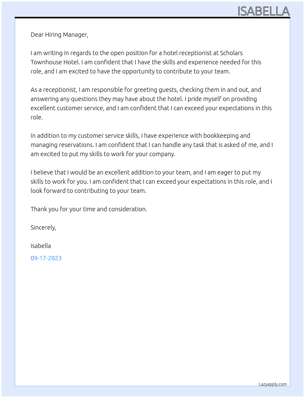 Hotel receptionist At  Scholars Townhouse Hotel Cover Letter