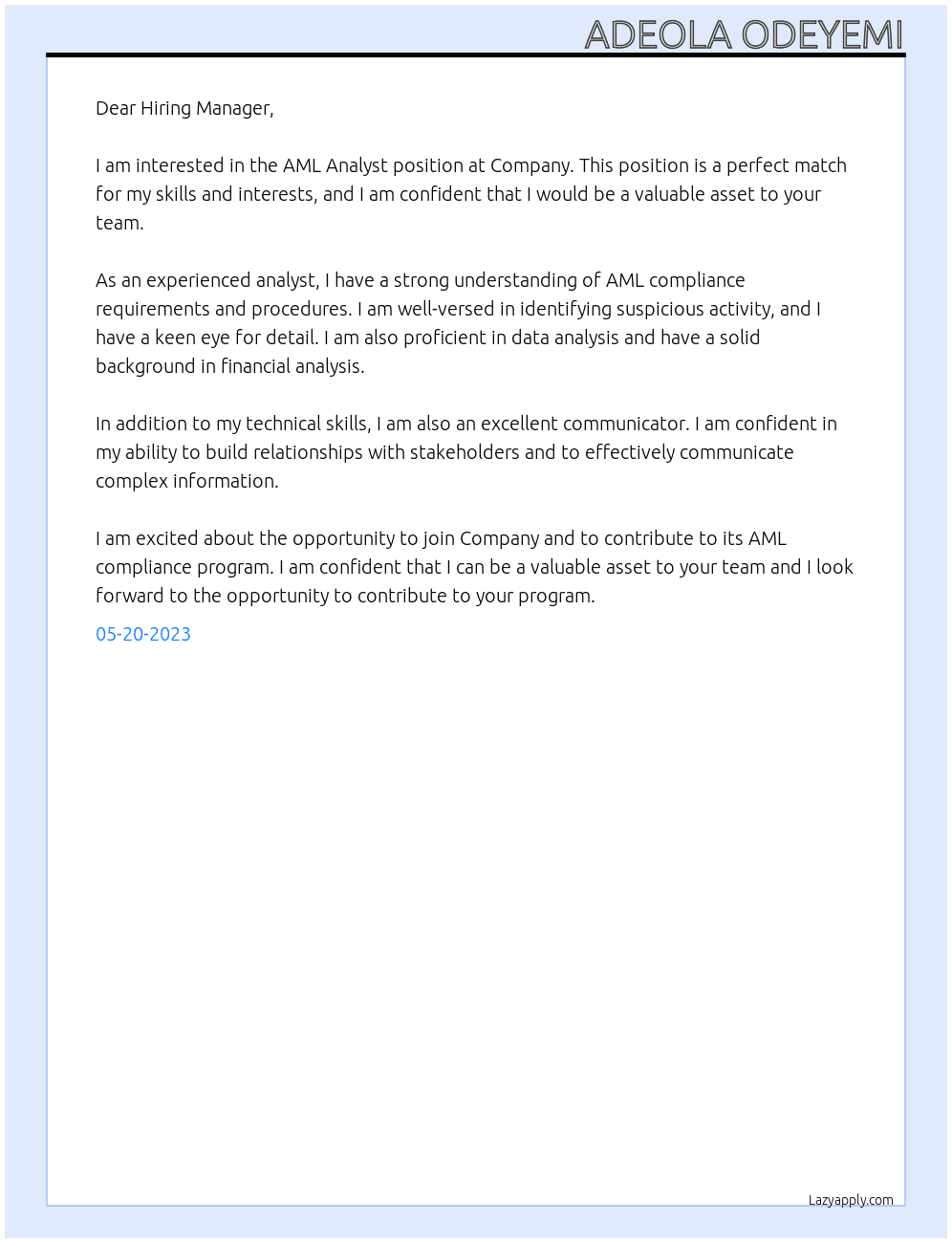 AML Analyst  At Company  Cover Letter