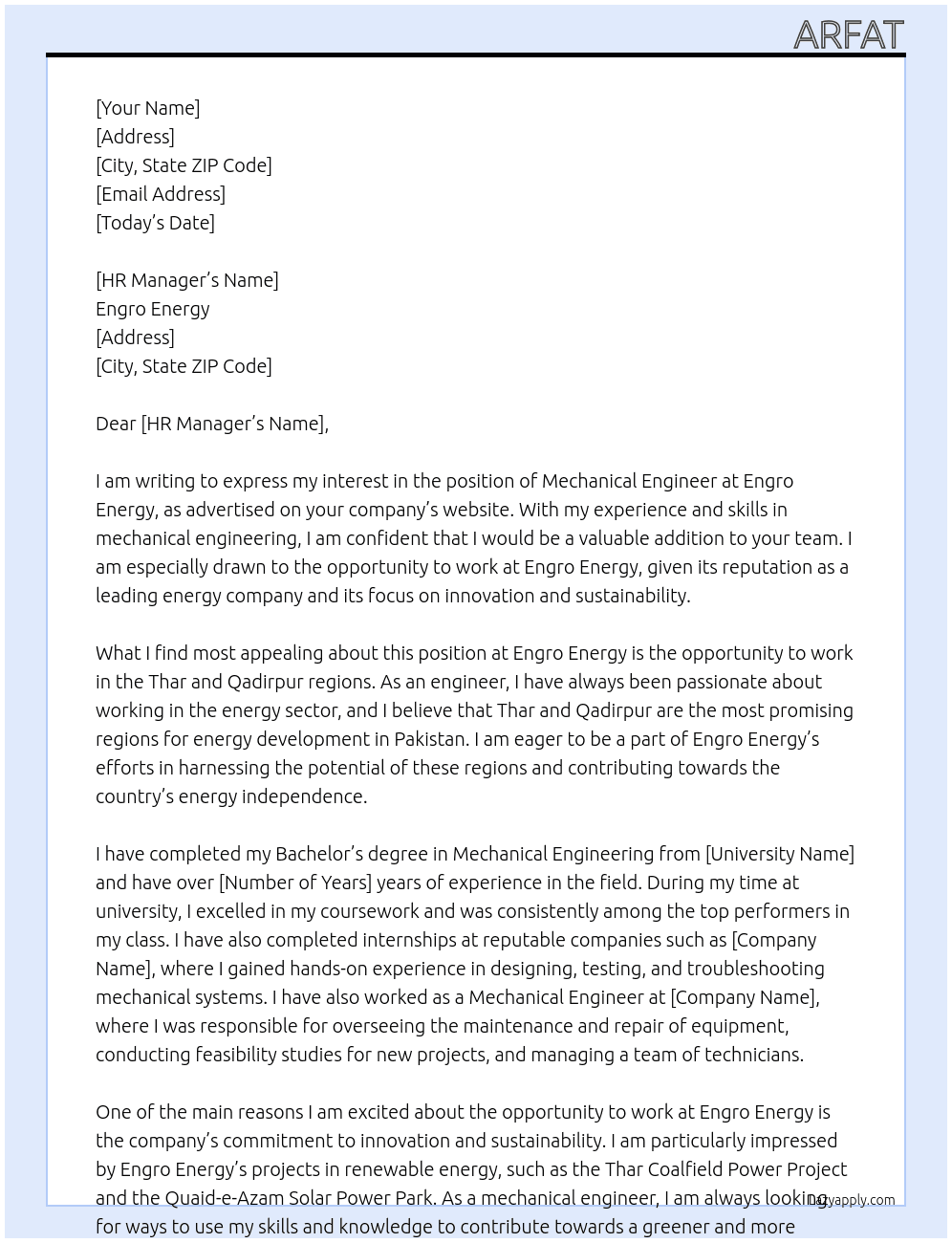 Mechanical Engineer At Engro Energy Cover Letter