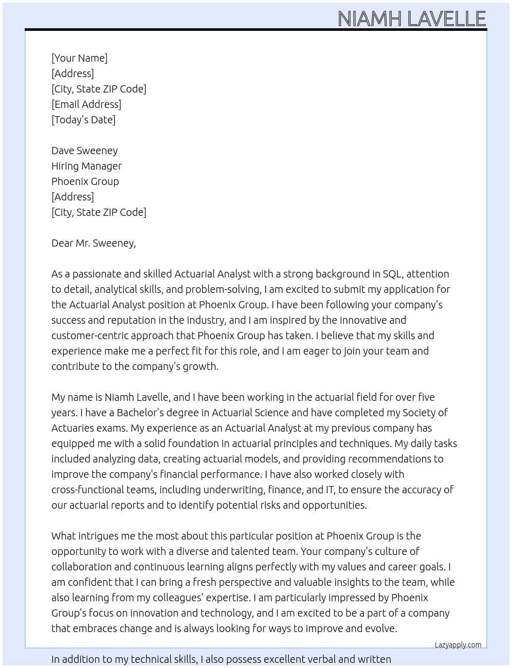 Actuarial Analyst At Phoenix Group Cover Letter