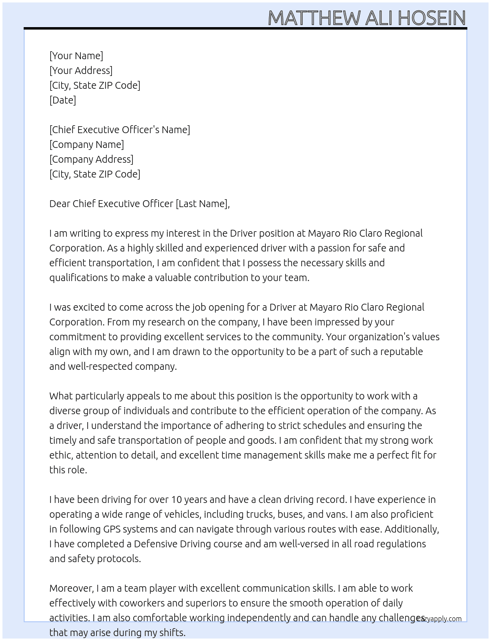 Driver  At Mayaro Rio Claro Regional Corporation  Cover Letter