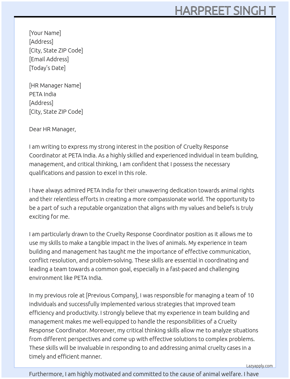 Cruelty response coordinator At PETA India Cover Letter