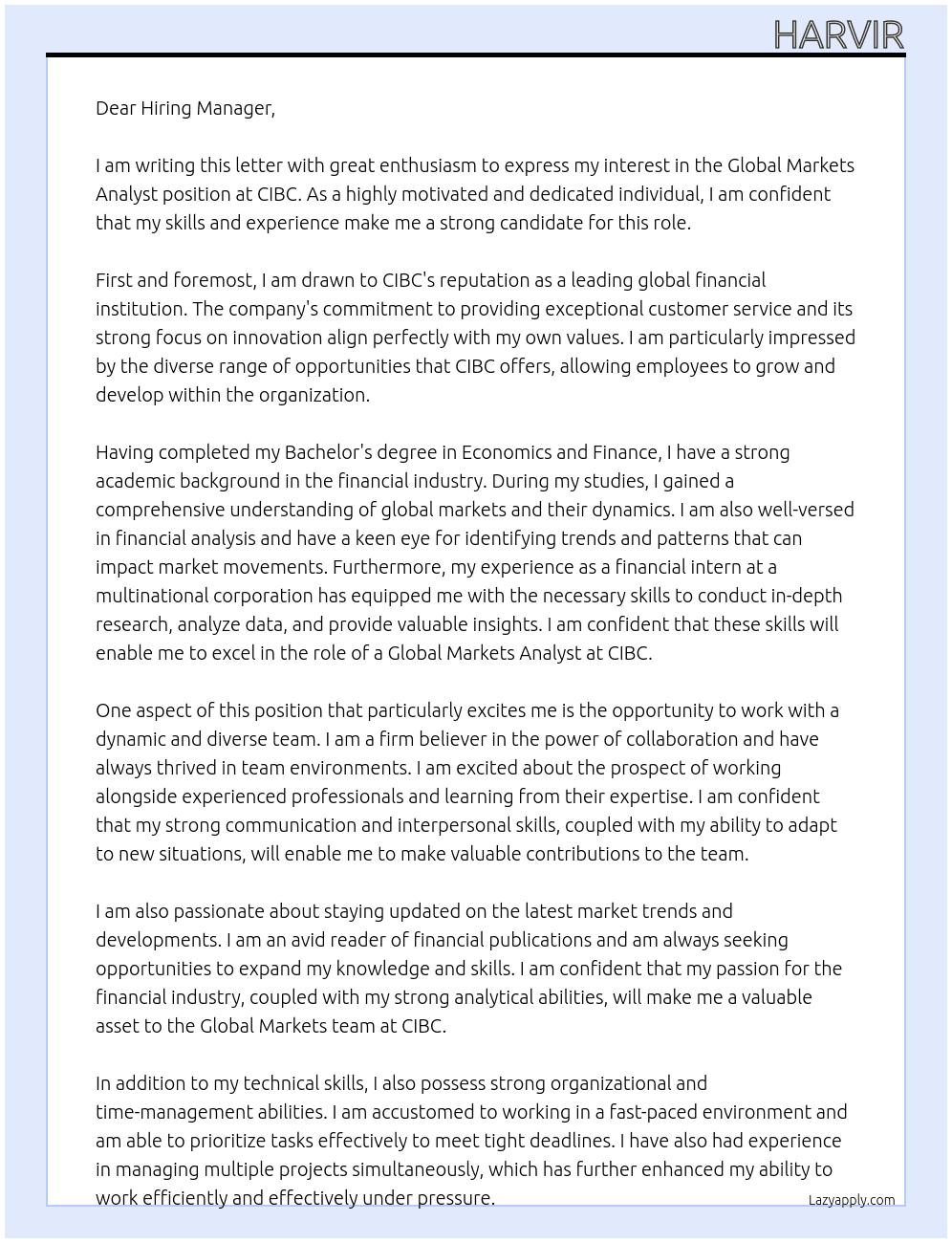 Global Markets Analyst  At CIBC  Cover Letter