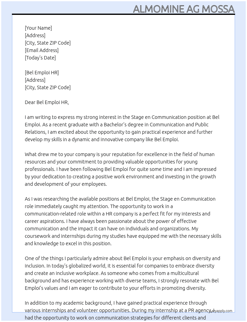 Stage en communication At BEL EMPLOI Cover Letter