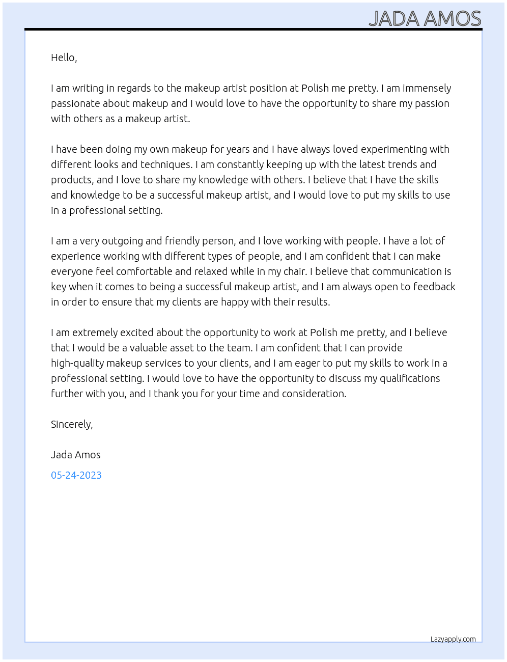 Makeup Artist  At Polish me pretty Cover Letter