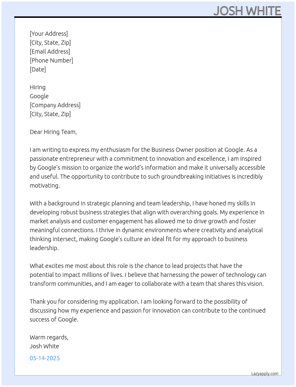 Business Owner At Google Cover Letter