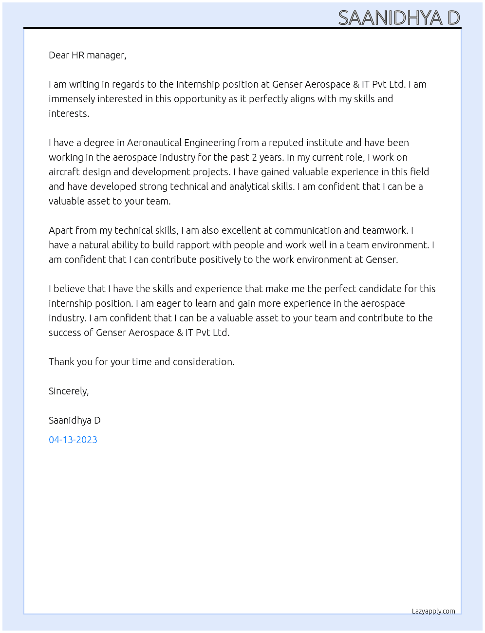 Intern At Genser Aerospace & IT Pvt Ltd Cover Letter