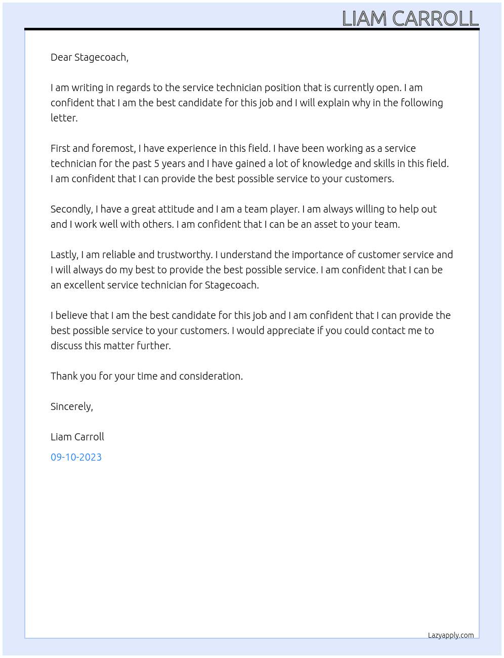 Service technician  At Stagecoach Cover Letter