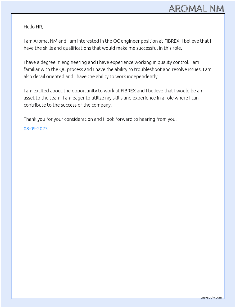 QC engineer At FIBREX Cover Letter