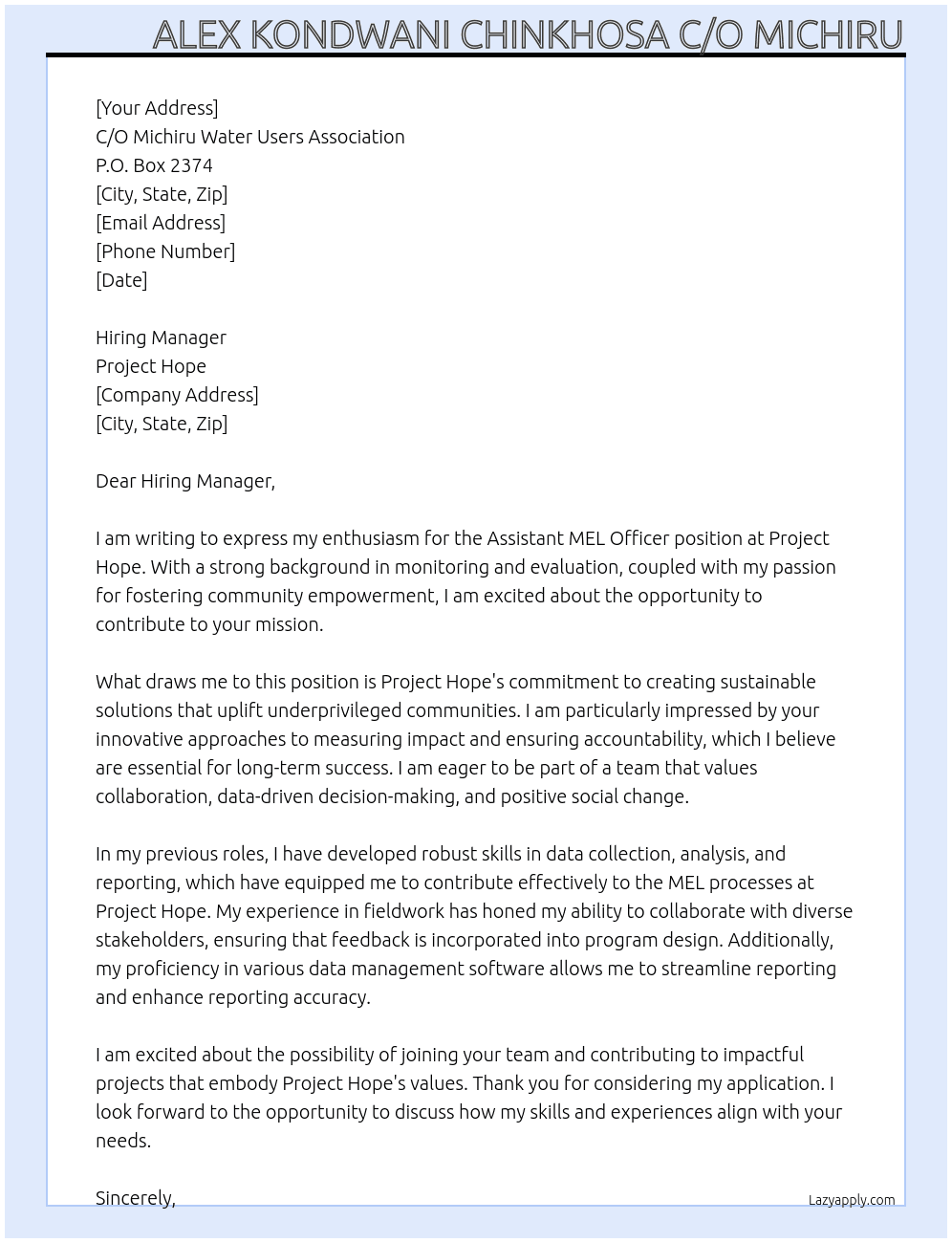 assistant MEL officer  At Project hope Cover Letter