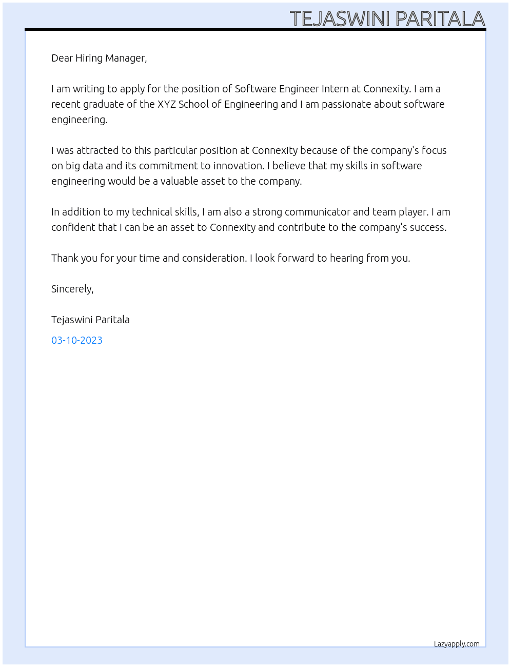 Software Engineer Intern At connexity Cover Letter