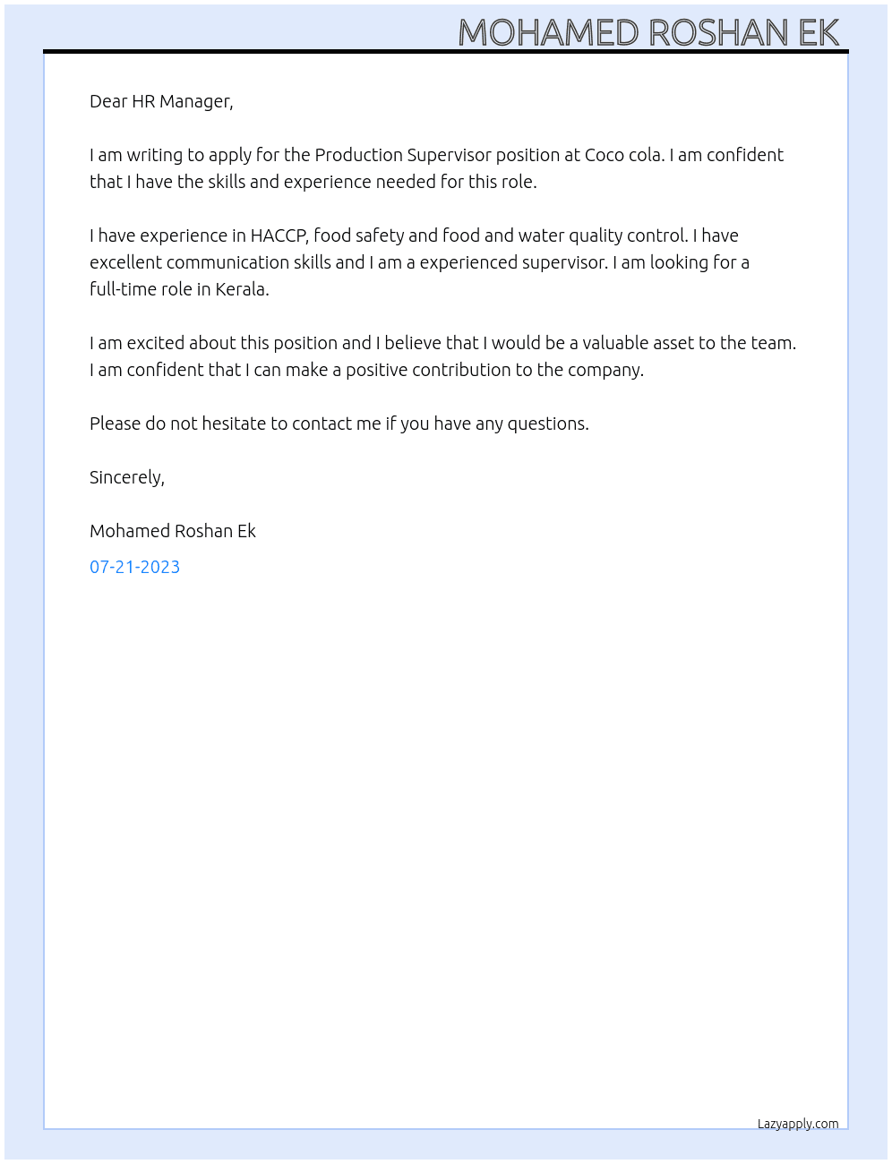 Production supervisor At Coco cola  Cover Letter