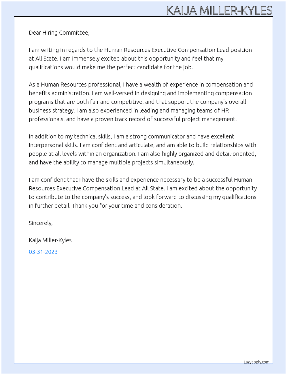 Human Resources Executive Compensation Lead At All State Cover Letter