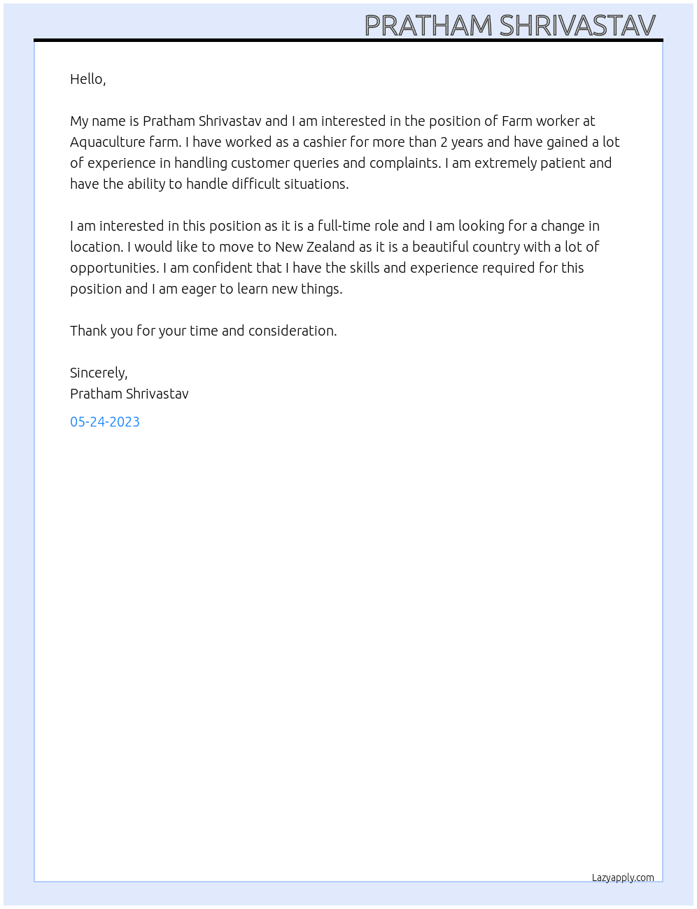 Farm worker  At Aquaculture farm Cover Letter