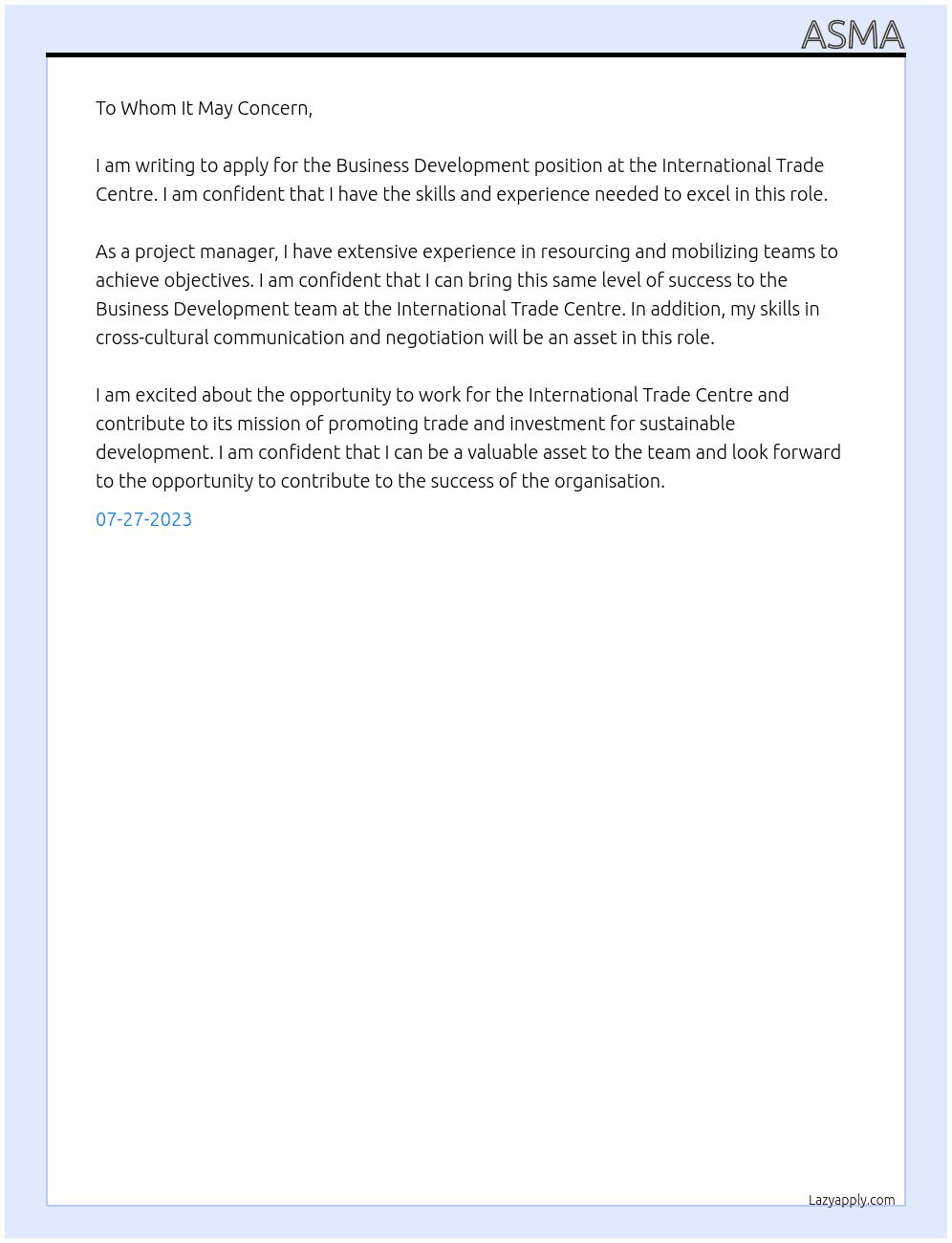 Business Development At International Trade Centre Cover Letter