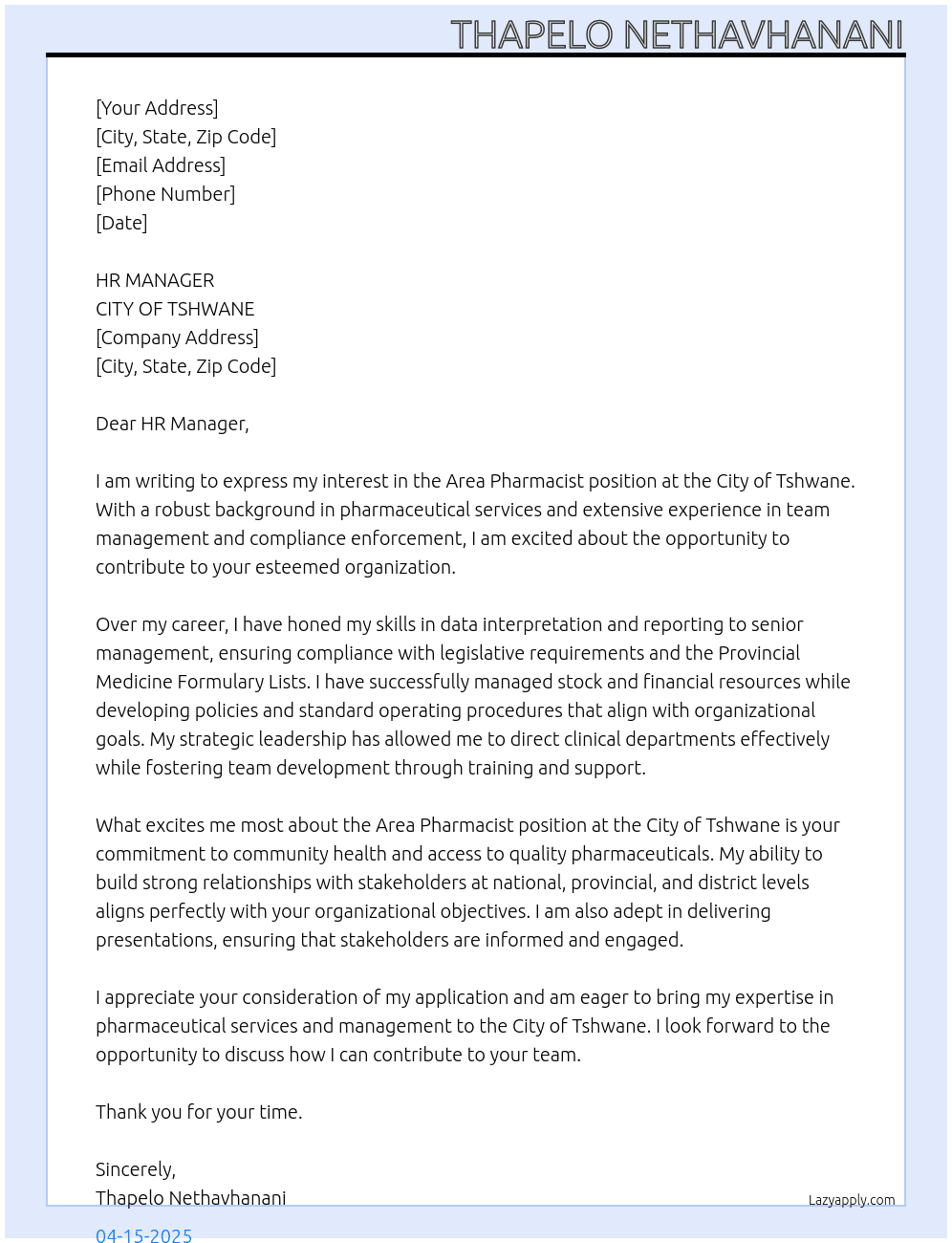 Cover letter for area pharmacist - LazyApply