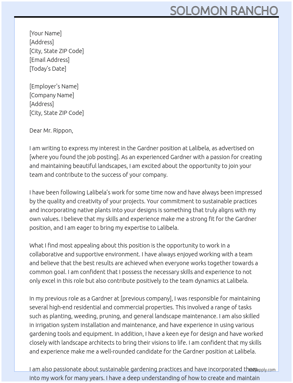 Gardner position application  At Lalibela Cover Letter