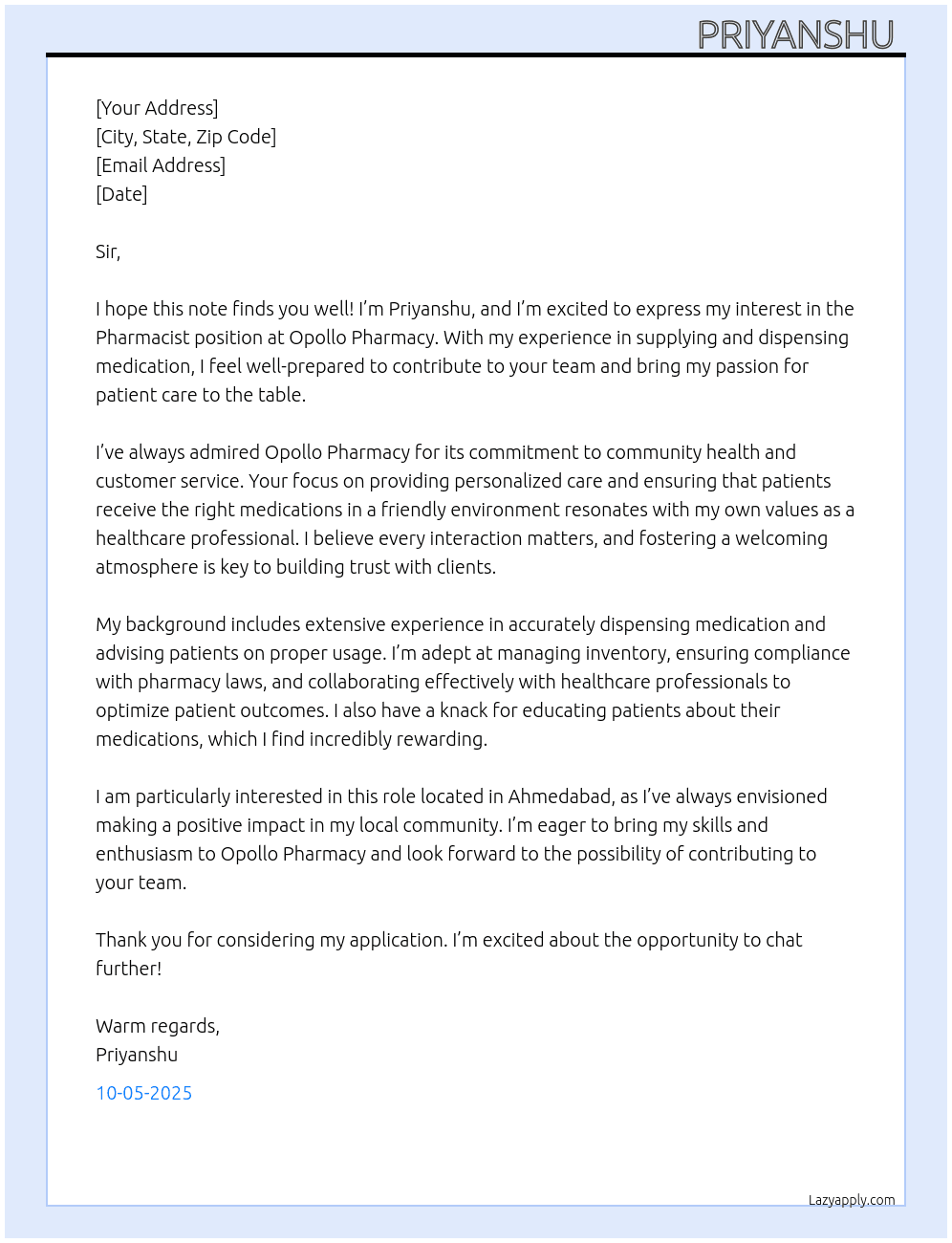 Pharmacist At Opollo pharmacy Cover Letter
