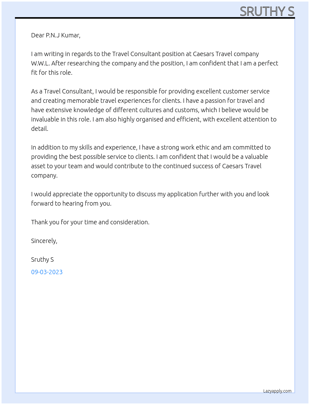 Travel consultant At Caesars Travel company W. W. L Cover Letter