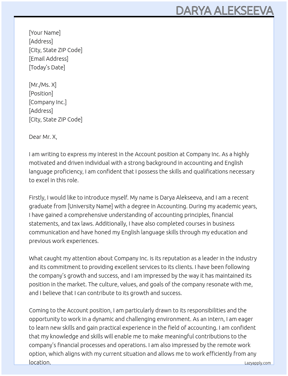 Account At Company Inc. Cover Letter