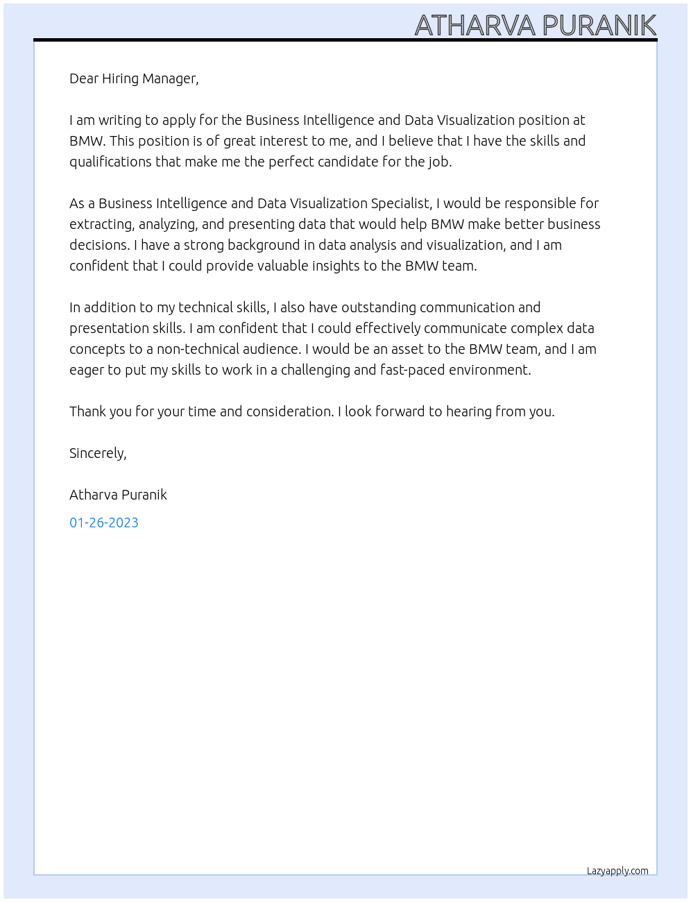 Cover letter for business intelligence and data visualization - LazyApply