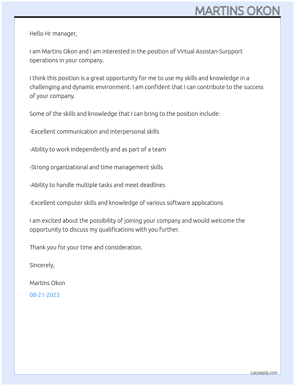 Virtual assistan-Surpport operations At Wordpress Cover Letter