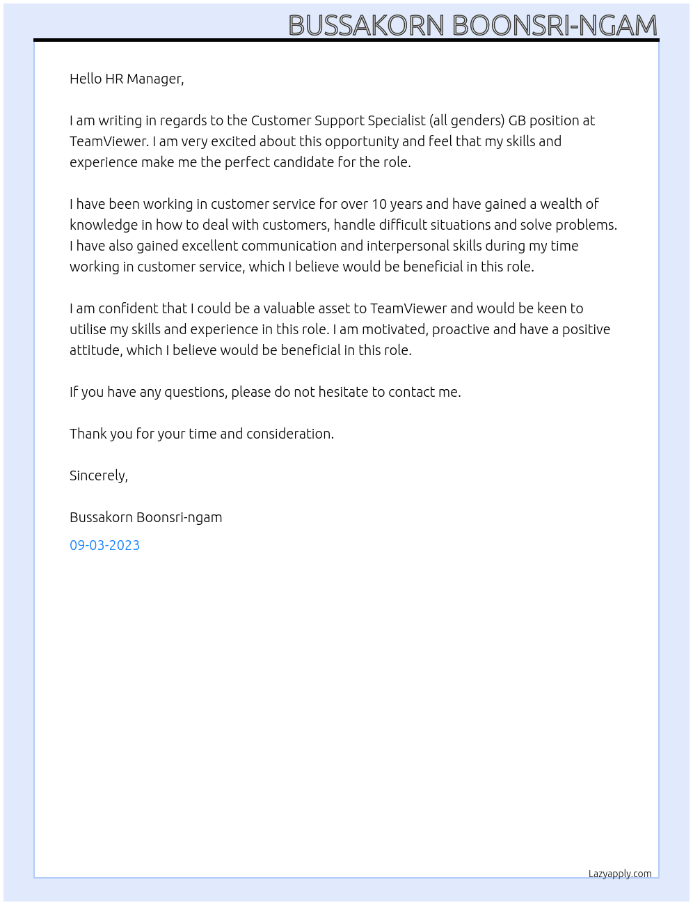 Customer Support Specialist (all genders) GB At TeamViewer Cover Letter