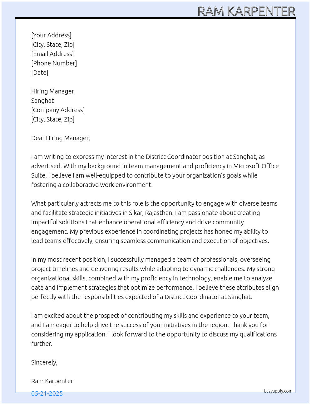 District Coordinator  At Sanghat  Cover Letter