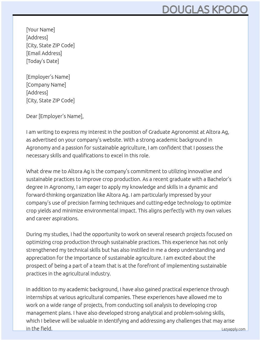 Graduate Agronomist At Altora Ag Cover Letter