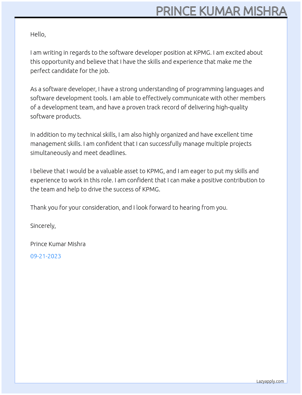 software devloper At kpmg Cover Letter