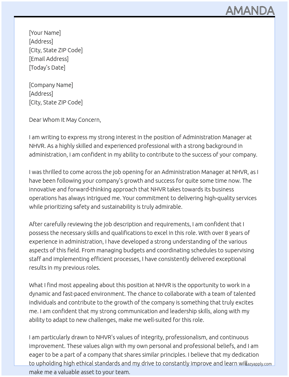Administration manager At Nhvr Cover Letter