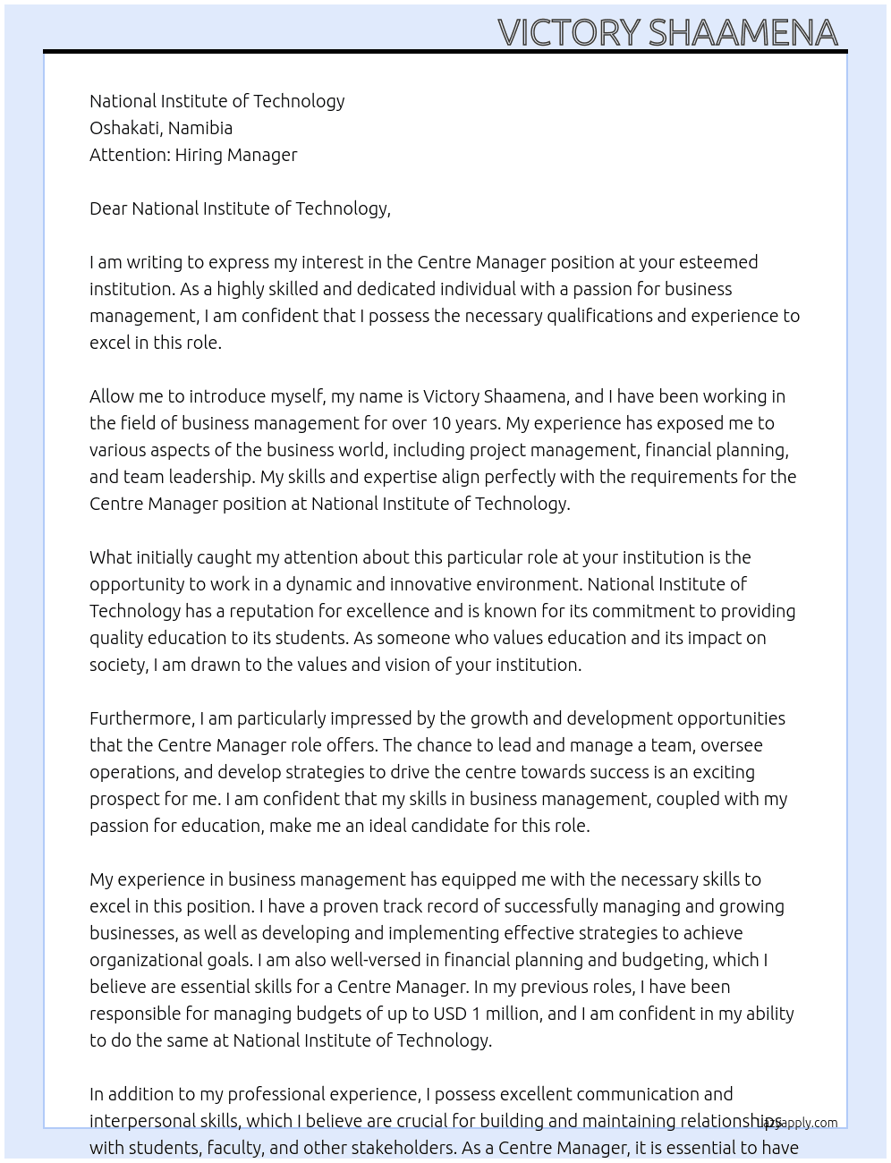 Centre Manager  At National Institute of Technology Cover Letter