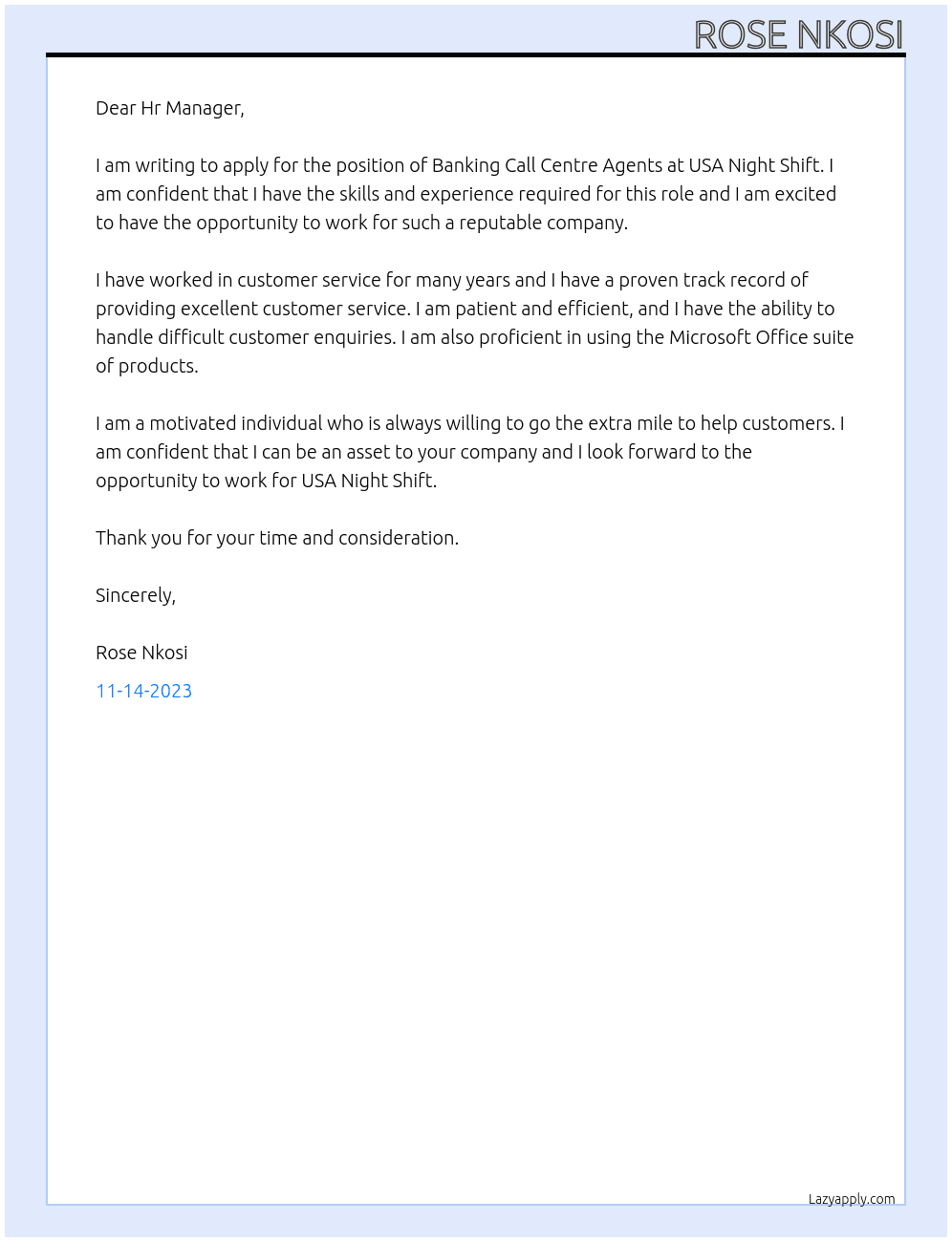 Banking Call Centre Agents At USA Night Shift Cover Letter