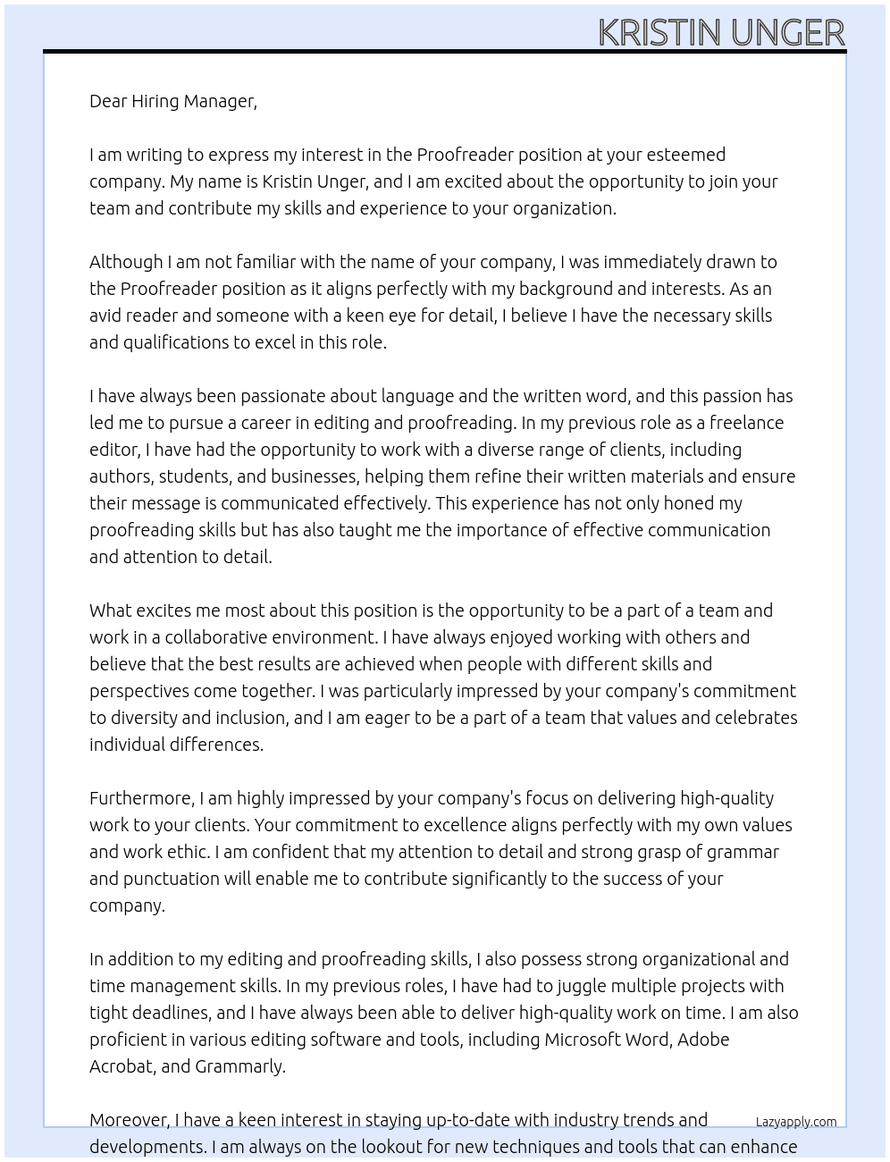 Proofreader At Unknown Cover Letter