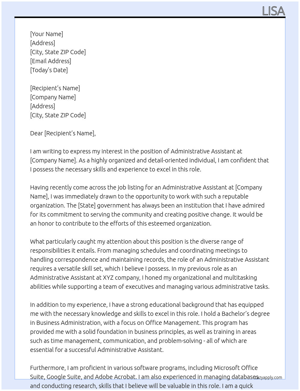 administrative assistant At state government Cover Letter