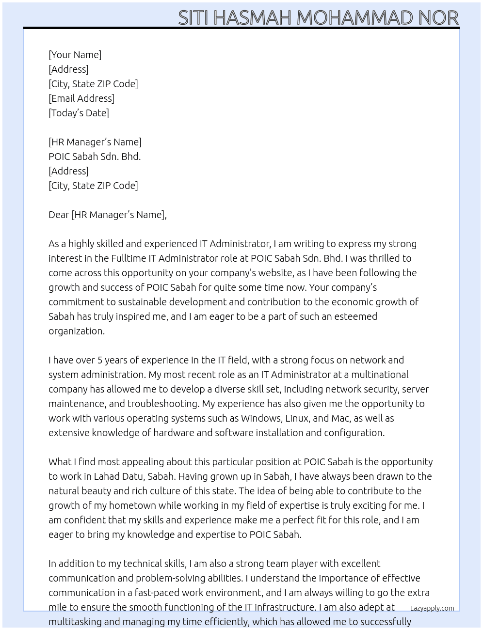 It administrator  At POIC Sabah Sdn. Bhd. Cover Letter