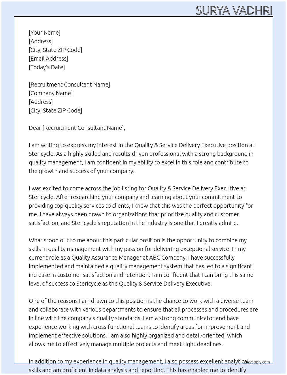 Quality & Service Delivery Executive At Stericycle Cover Letter