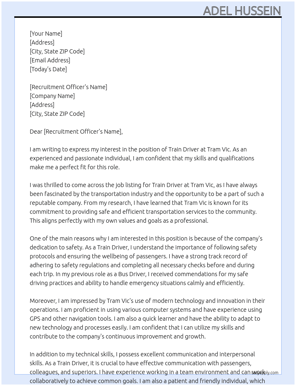 Train Driver At Tram Vic Cover Letter