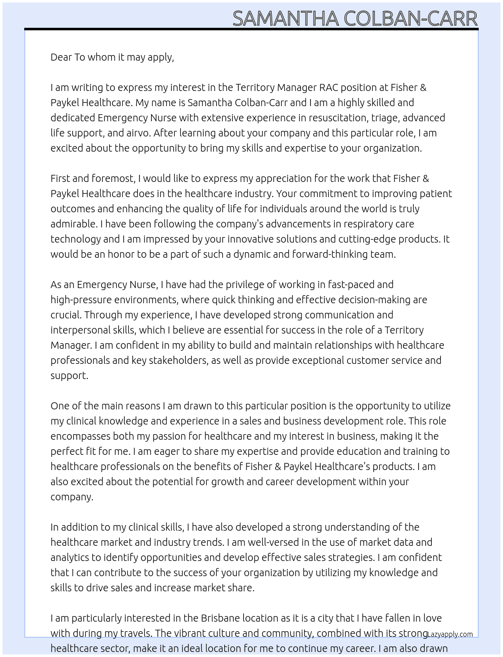 Territory Manager RAC At Fisher & Paykel Healthcare Cover Letter