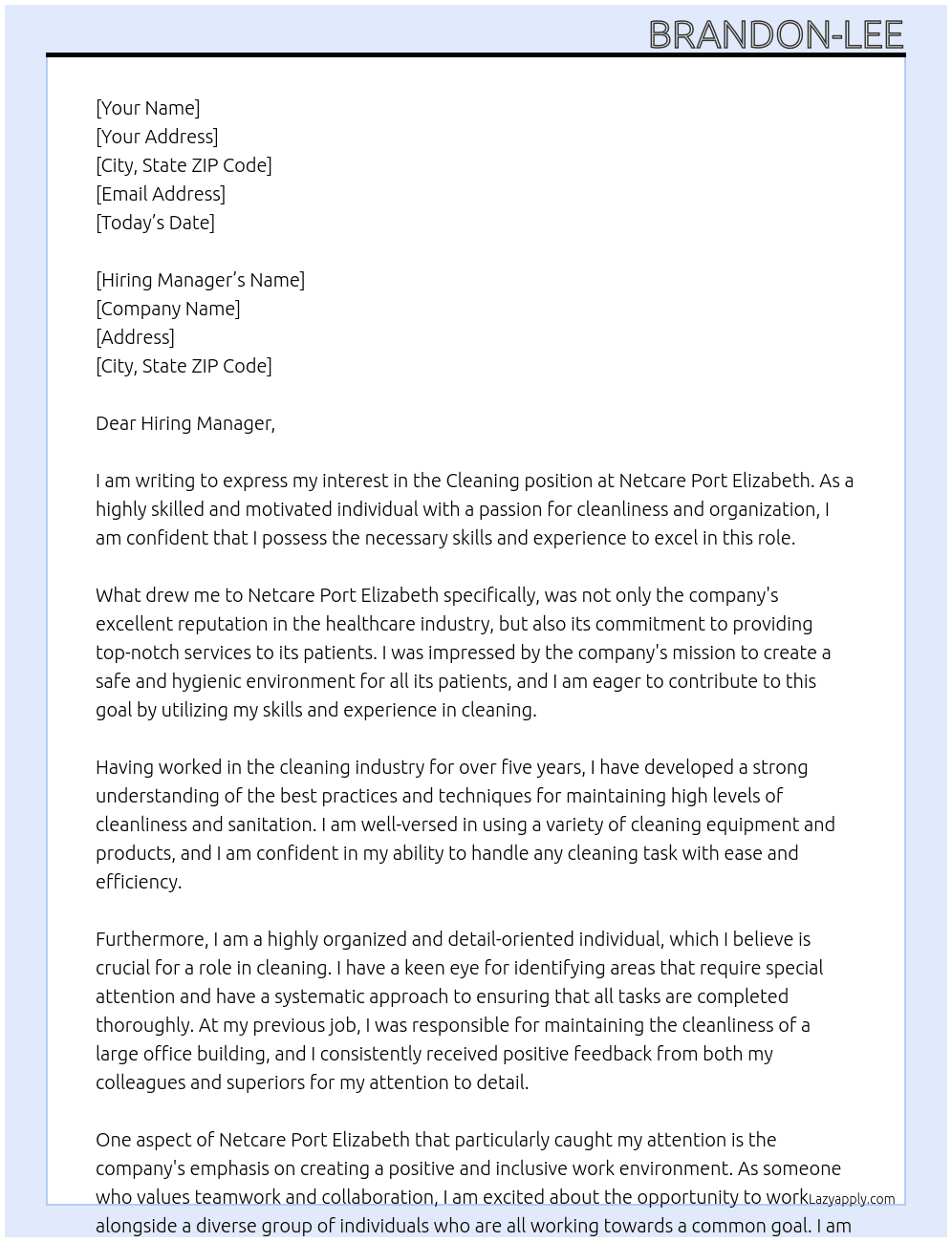 Cleaning  At Netcare port Elizabeth  Cover Letter