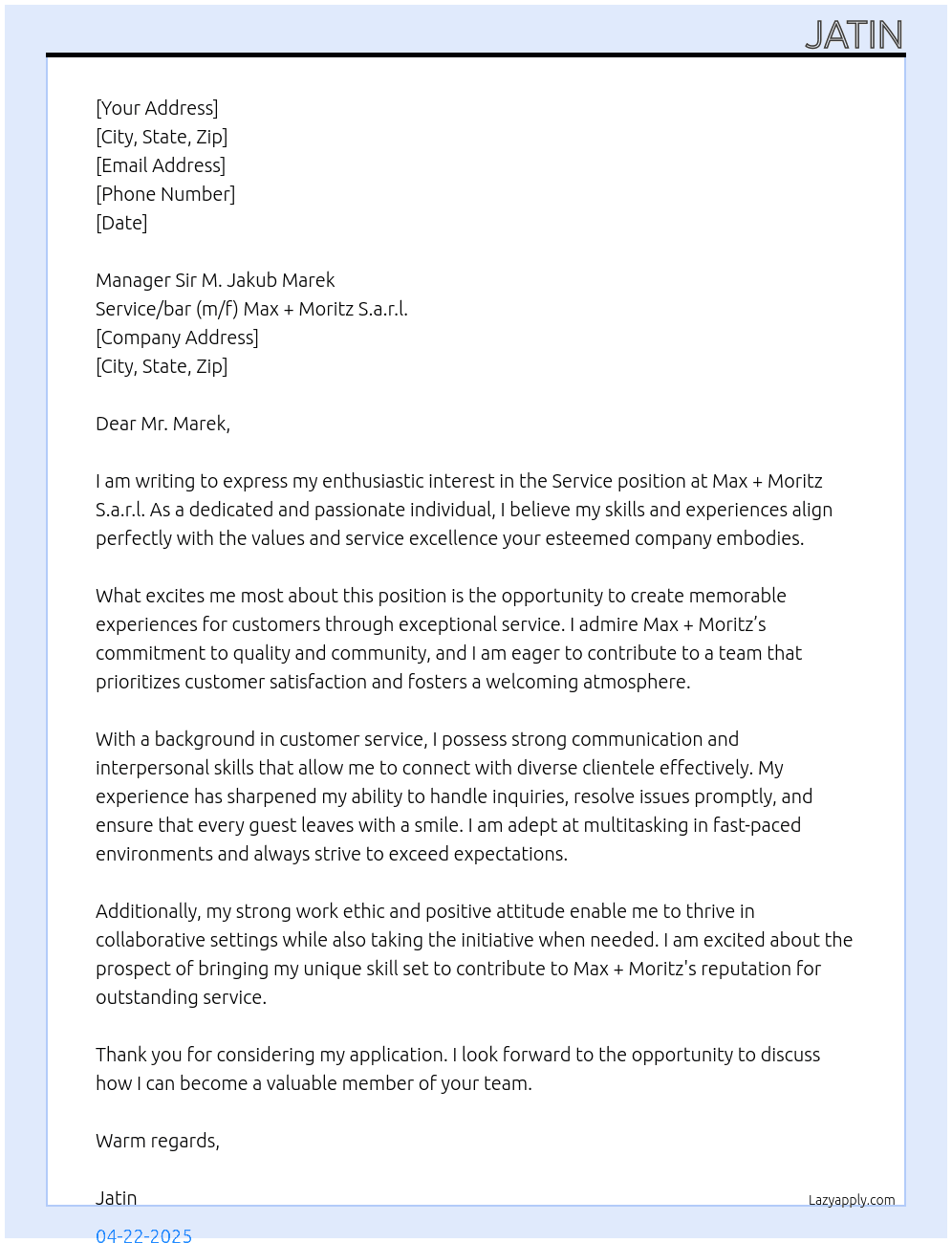 Cover letter for service - LazyApply