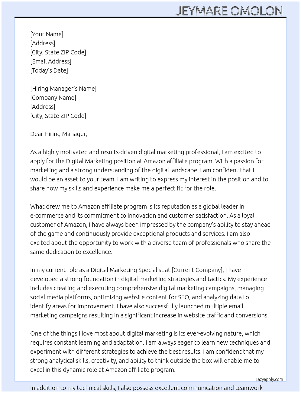 Digital marketing  At Amazon affiliate program  Cover Letter