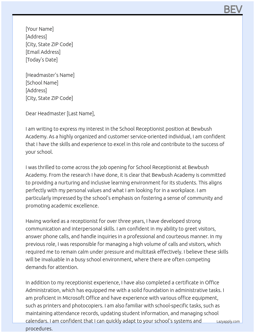 Cover letter for school receptionist - LazyApply