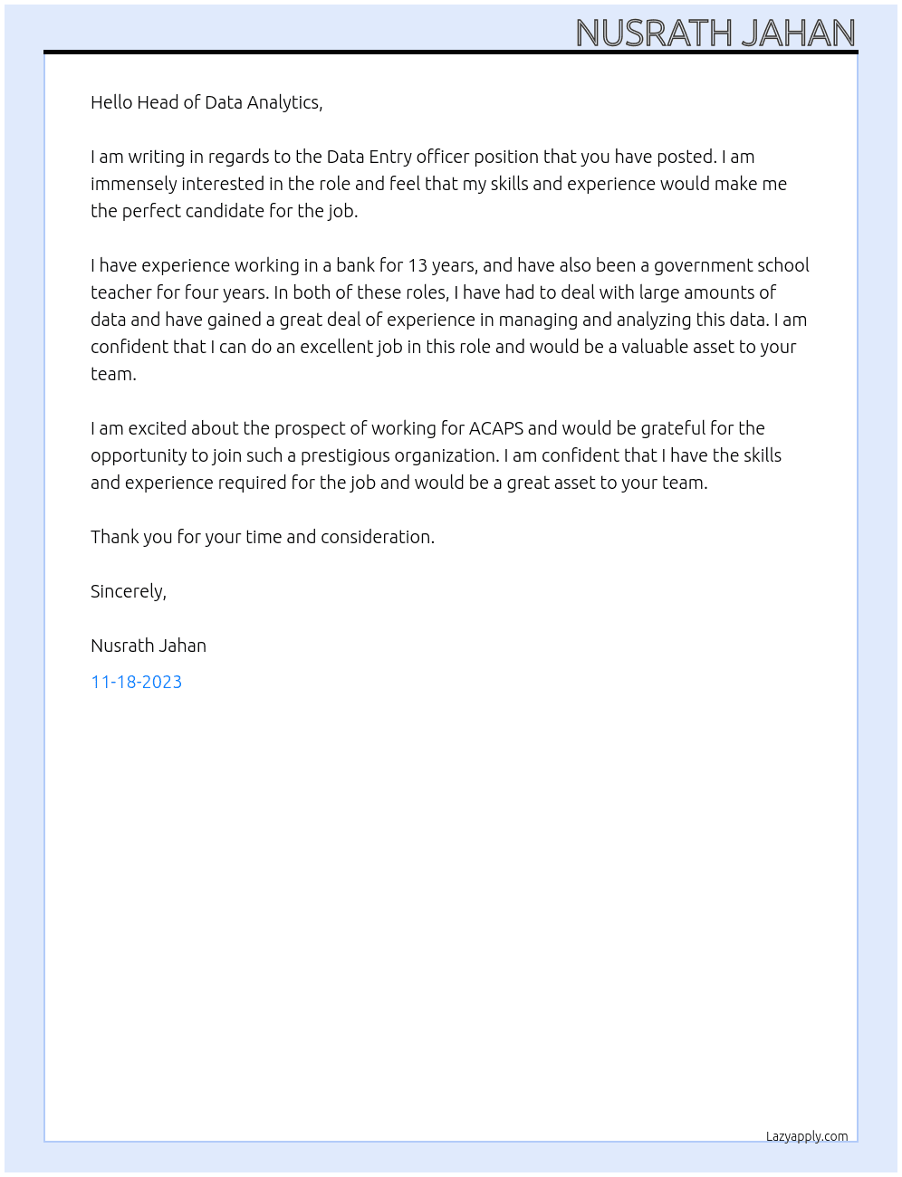Data Entry officer At ACAPS Cover Letter