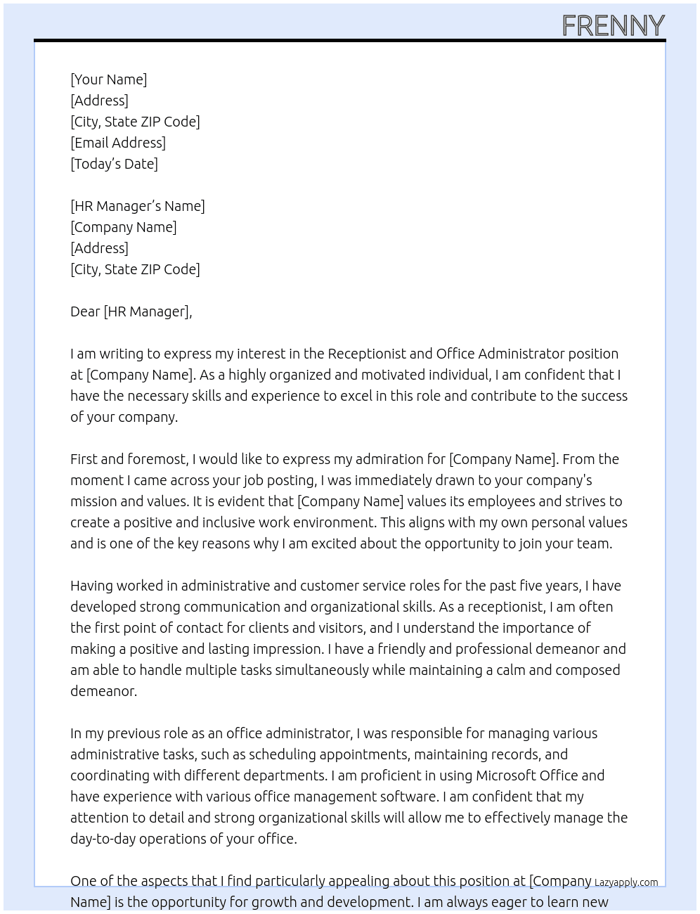 Cover letter for receptionist & office administrator - LazyApply