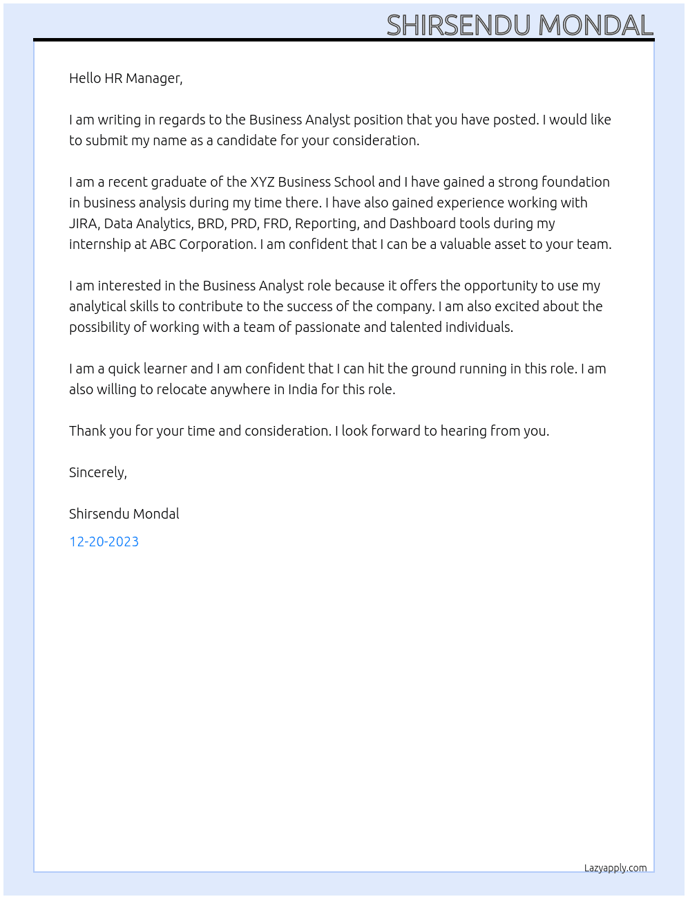 Business Analyst At PMV Electric Cover Letter