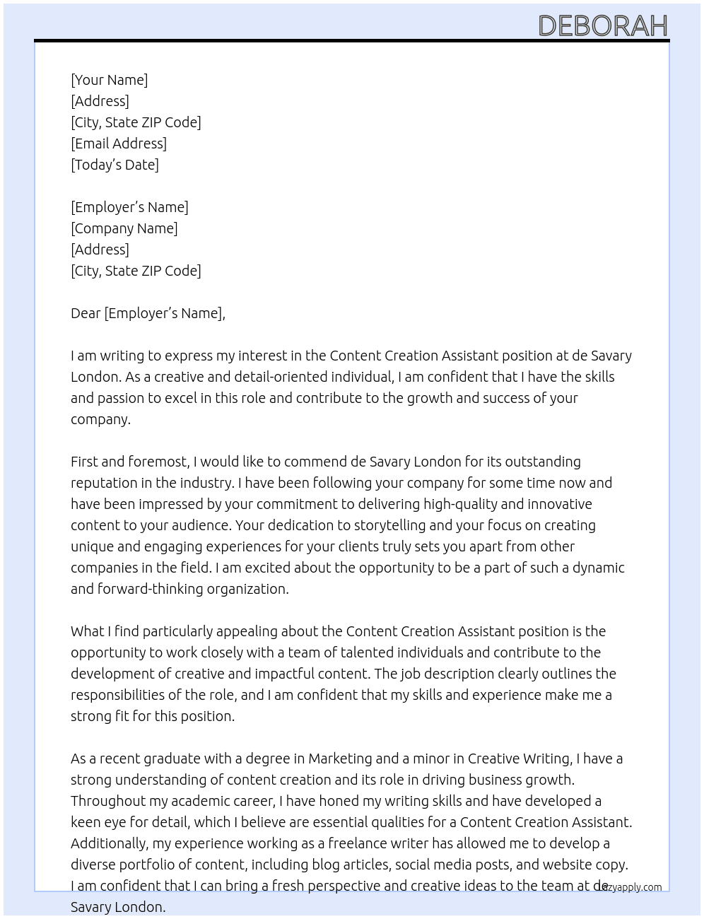 Cover letter for content creation assistant - LazyApply