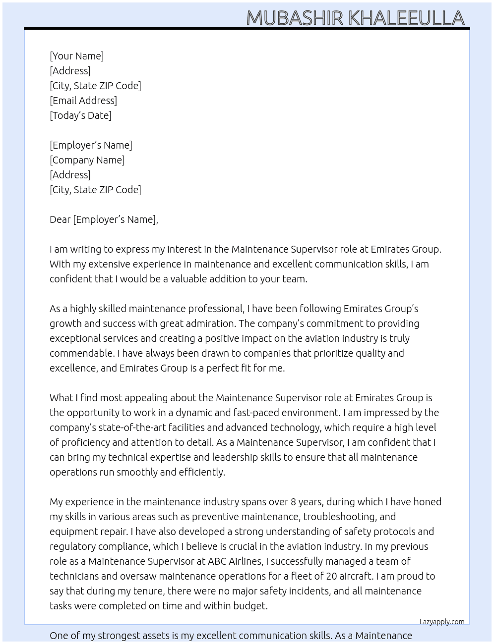 Maintenance Supervisor At Emirates  Cover Letter
