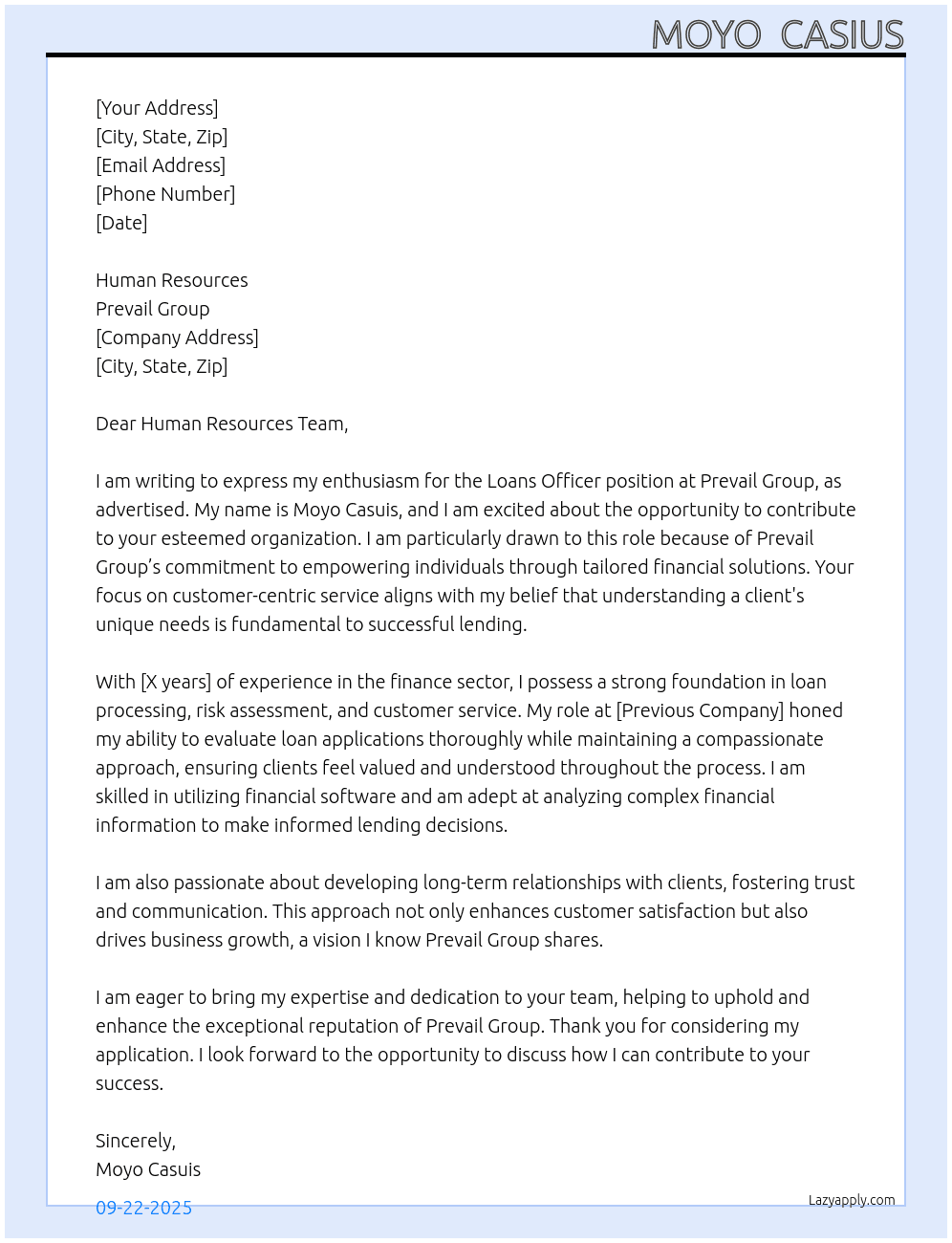 Loans Officer At Prevail Group Cover Letter